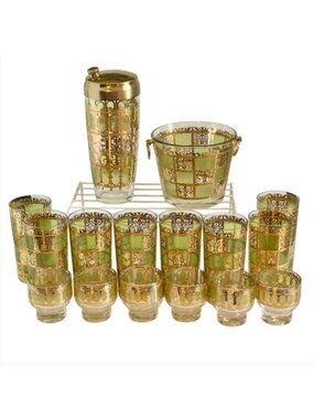 Vintage Culver Prado Green Gold 17 Pc Barware Set Shaker Ice Bucket Glasses MCM